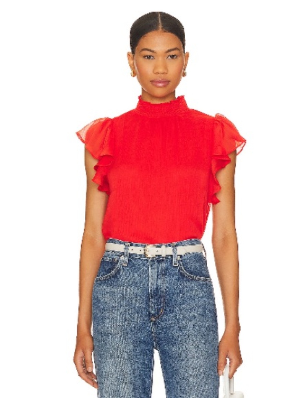 1STATE Red Mock Neck Ruffle Sleeve Blouse (Revolve)